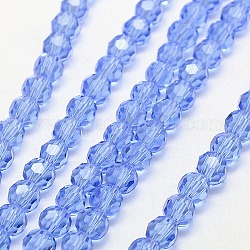 Chapelets de perles en verre, facetté (32 facettes), ronde, lumière bleu ciel, 8mm, Trou: 1mm, Environ 70~72 pcs/chapelet, 22.6 pouce
