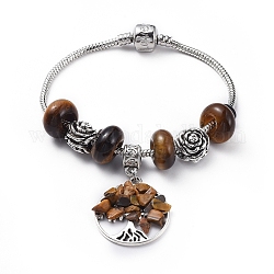 Brass European Bracelets, with Natural Tiger Eye Rondelle Beads, Tibetan Style Alloy Flower Beads and Alloy Gemstone Charms, Flat Round with Tree, 7-1/2 inch(19cm)