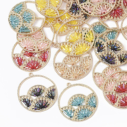 Polyester Thread Woven Pendants, with Glass Seed Beads and Light Gold Plated Alloy Findings, Flat Round with Fan, Mixed Color, 37.5x34.5x2mm, Hole: 1.8mm