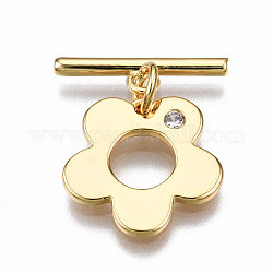 Brass Micro Pave Clear Cubic Zirconia Toggle Clasps, Nickel Free, Flower, Real 18K Gold Plated, 20mm long, Bar: 16x4x1.5mm, hole: 1.5mm, Jump Ring: 5x1mm, Inner Diameter: 3mm, Flower: 14x14.5x1mm, Hole: 1.2mm