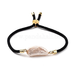 Bracelets coulissants ajustables à cordon torsadé en nylon, bracelets fins et chaînes, avec perles de keshi perle baroque naturelle et perles en laiton arbre de vie, noir, diamètre intérieur: 2-1/2 pouce (6.5 cm)