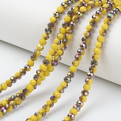 Electroplate Opaque Glass Beads Strands, Half Rose Gold Plated, Faceted, Rondelle, Yellow, 8x6mm, Hole: 1mm, about 65~68pcs/strand, 15.7~16.1 inch(40~41cm)