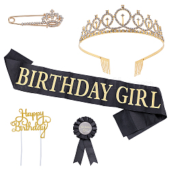 Birthday Crown Shoulder Strap Sets, Hair Band Headpieces with Sash, Badge Pins, Polyester Tag & Plastic Sticks, Birthday Gifts, for Girl Birthday Party Supplies, Black, 1~160x0.3~12.2x0.05~6cm, 9pcs/set