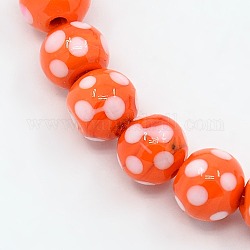 Chapelets de perles rondes vernissées manuelles, à pois, rouge-orange, 10mm, Trou: 1mm, Environ 30 pcs/chapelet, 11.02 pouce