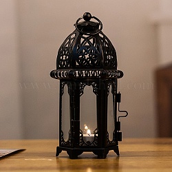 Éléments de fer en forme de lanterne de ramadan avec chandelier en verre, ornement de décoration de lampe à vent en métal, noir, 7x6.2x15.8 cm