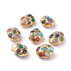 Perles en pierre précieuse naturelles & synthétiques, avec des accessoires bordés en laiton plaqué or, ovale, 36.5~40x28.5~30x18~20mm, Trou: 1.2mm