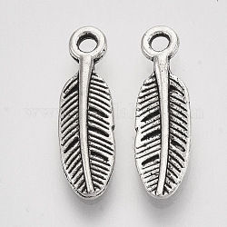 Tibetan Style Alloy Charms, Feather, Cadmium Free & Lead Free, Antique Silver, 12x4x1.5mm, Hole: 1.2mm