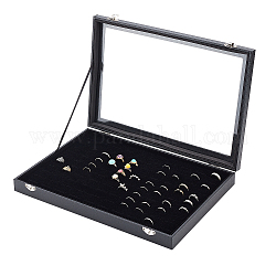 Caja de presentación de joyería de madera a prueba de polvo rectangular con 100 ranura, caja de almacenamiento de joyas con ventana de vidrio con felpa en el interior, para anillos, pendientes, negro, 35.3x24.3x4.4 cm