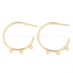 Brass Ring Stud Earrings Findings, Half Hoop Earring Findings, with Loops, Real 18K Gold Plated, 33x31x1.6mm, Hole: 1.8mm, Pin: 11x0.7mm