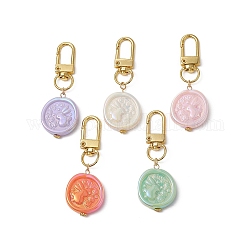 Acrylic Pendant Decoraiton, with Zinc Alloy Swivel Clasps, Flat Round with Rabbit, Mixed Color, 63.5~64mm