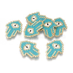 Perle di semi giapponesi fatte a mano, con thread di importazione dal Giappone, modello telaio, mano hamsa con occhio, ciano, 27x20x2mm