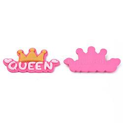Opaque Resin Cabochons, Crown with Word Queen, Hot Pink, 27x53x5mm