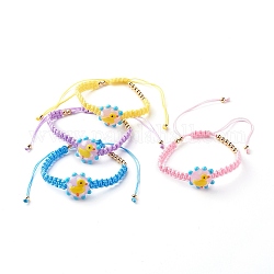 Bracelets de perles tressées en fil de nylon réglables pour enfant, avec des perles en laiton doré, fleur avec des perles de chalumeau faites à la main de canard, couleur mixte, diamètre intérieur: 1-7/8~4-1/2 pouce (4.75~11.45 cm)