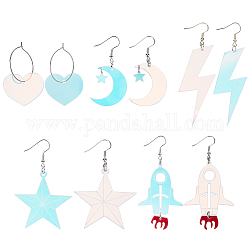 ANATTASOUL 5 Pairs 5 Styles Rainbow Color Acrylic Dangle Earrings with Iron Pins, Moon & Star & Rocket & Heart & Lightning, Colorful, 49~87x25.5~49mm, 1 Pair/style