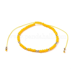Регулируемые нейлоновые шнур плетеный браслеты из бисера, со стеклянным бисером и круглыми бусинами из латуни с позолотой, желтые, внутренний диаметр: 2-1/4~ 4-1/8 дюйм (5.6~10.5 см)