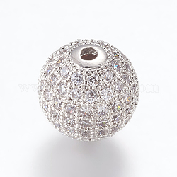 Messing Mikro ebnen Zirkonia Perlen, Runde, Platin Farbe, Transparent, 12 mm, Bohrung: 2.5 mm