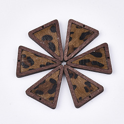 Eco-Friendly Cowhide Leather Pendants, with Dyed Wood, Triangle with Leopard Print, Chocolate, 35x27x4mm, Hole: 1.4mm