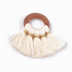 Décorations pendentif pompon en polycoton (coton polyester), avec les accessoires en bois, fan, floral blanc, 33~35x40~49x4mm, Trou: 11~12mm