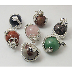 Natural & Synthetic Mixed Stone Pendants, with Brass Findings, Dragon with Round, Mixed Color, 33x22mm, Hole: 5mm