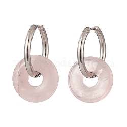Aretes colgantes de aro con disco pi/donut de cuarzo rosa natural, 304 joyería de acero inoxidable para mujer., 29.5mm, pin: 1 mm