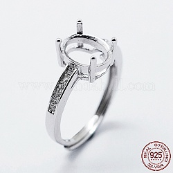 Componenti per anello da dito in argento sterling placcato rodio, con zirconi, regolabile, ovale, platino, misura 925 (6mm), 16 mm di larghezza, vassoio: 2mm