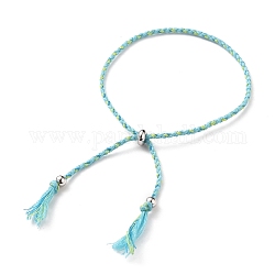 Verstellbare geflochtene Baumwollschnüre Slider Armbänder machen, mit Messing-Perlen, Platin Farbe, Himmelblau, 2-3/8~3-1/2 Zoll (6.2~9 cm)