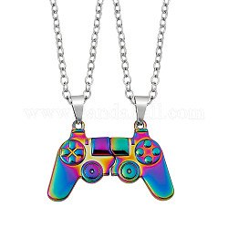Magnetic Game Controller Pendant Matching Necklaces Set, Rainbow Color 316L Surgical Stainless Steel Necklaces for Couples Best Friends, 23.62 inch(60cm), 2pcs/set