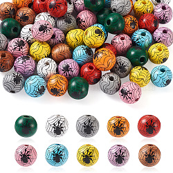 Beadthoven 60Pcs 10 Colors Natural Wood Beads, Round with Spider Web Pattern, Mixed Color, 15mm, Hole: 4mm