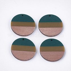 Pendentifs tricolores en résine et bois de noyer, plat rond, sarcelle, 28x3.5mm, Trou: 2mm