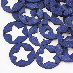 Pear Wood Pentacle Pendants, Dyed, Flat Round with Star, Dark Blue, 30x3mm, Hole: 2mm