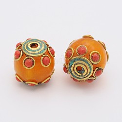 Handmade Tibetan Style Barrel Beads, Brass Findings with Imitation Beeswax, Antique Golden, Orange Red, 17x16mm, Hole: 2mm