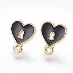 Alloy Stud Earring Findings, with Raw(Unplated) Pins, Enamel and Loop, Heart Lock, Light Gold, Black, 13x10.5mm, Hole: 1.5mm, Pin: 0.7mm