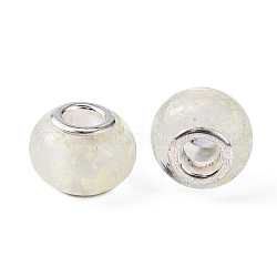 Bagliore nelle perle europee a mano stile luminoso a Lume grande buco nero, con nucleo in ottone tono argento, rondelle, bianco, 14x9~10mm, Foro: 5 mm