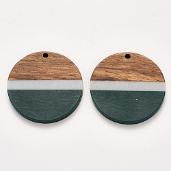 Resin & Walnut Wood Pendants, Waxed, Flat Round, Green, 32.5x3~4mm, Hole: 2mm
