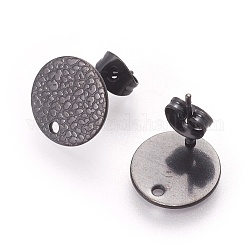 304 Stainless Steel Ear Stud Findings, with Ear Nuts/Earring Backs and Hole, Textured Flat Round with Spot Lines, Electrophoresis Black, 12mm, Hole: 1.2mm, Pin: 0.8mm