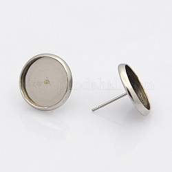 304 Stainless Steel Flat Round Stud Earring Settings, Stainless Steel Color, Tray: 8mm, 10mm, Pin: 1mm