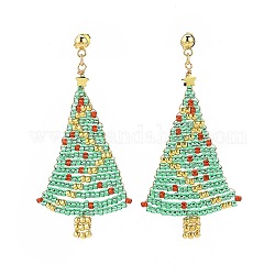 Boucles d'oreilles pendantes en forme d'arbre de Noël tressé en graines de verre, Boucles d'oreilles longues en fil d'acier inoxydable doré 304 pour femme, colorées, 59mm, pin: 0.7 mm