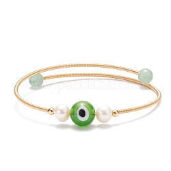 Aventurina verde natural y mal de ojo murano y brazalete con cuentas de perlas naturales, brazalete de torsión de latón para mujer, dorado, diámetro interior: 2-1/8 pulgada (5.5 cm)