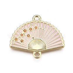 Alloy Links, with Enamel, Folding Fan with Plum Blossom, Light Gold, Pink, 20x23.5x2mm, Hole: 1.5mm