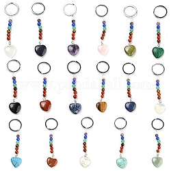 Schlüsselanhänger mit Edelstein-Herz-Anhänger, mit 7-Chakra-Edelsteinperlen und platinfarbenen Messingzubehör, 10 cm