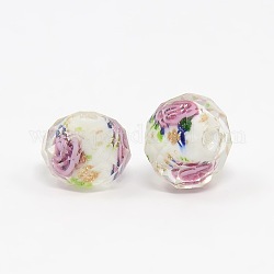 Handmade Inner Flower Lampwork Beads, Faceted Rondelle Beads, White, 12x9mm, Hole: 2mm