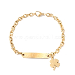 201 Stainless Steel Rectangle & Clover Charm Bracelet with Cable Chain for Women, Golden, 7-5/8 inch(19.3cm)