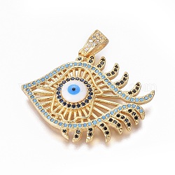 Brass Micro Pave Cubic Zirconia Pendants, with Enamel, Evil Eye with Hamsa Hand/Hand of Fatima/Hand of Miriam, Colorful, Golden, 26x32x4mm, Hole: 4.5x3mm