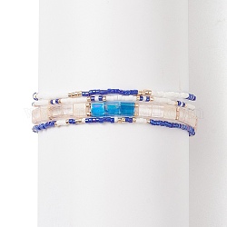 4Pcs 4 Style Glass Seed Beaded Stretch Bracelets Set, Stackable Bracelets for Women, Blue, Inner Diameter: 2~2-1/8 inch(5.2~5.4cm), 1Pc/style