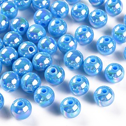 Perles acryliques opaques, de couleur plaquée ab , ronde, bleu profond du ciel, 10x9mm, Trou: 2mm, environ 940 pcs/500 g