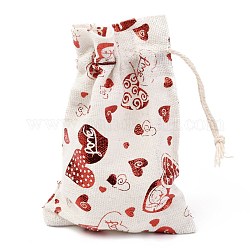 Bolso de tela de tela de algodón con tema navideño, bolsas de cordón, para la fiesta de navidad adornos de regalo, patrón del corazón, 14x10 cm