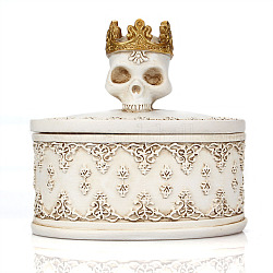 Boîtes de rangement de bijoux en résine de crâne d'Halloween, étui rond pour boucles d'oreilles, bagues, bracelets, décoration de table, floral blanc, 5.5x8x7.5 cm