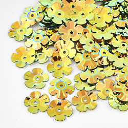 Ornament Zubehör, PVC-Kunststoff paillette / Pailletten Perlen, Blume, dunkelgolden, 9~9.5x9~9.5x1 mm, Bohrung: 1 mm, ca. 20000 Stk. / 500 g
