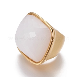 イオンプレーティング（ip）304ステンレスフィンガー指輪  ファセットガラス付き  ゴールドカラー  乳白色  サイズ6~9  16~19mm