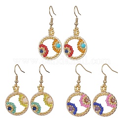 Boucles d'oreilles rondes plates en perles de verre avec mauvais œil, Boucles d'oreilles en 304 acier inoxydable, couleur mixte, 42.5x20mm